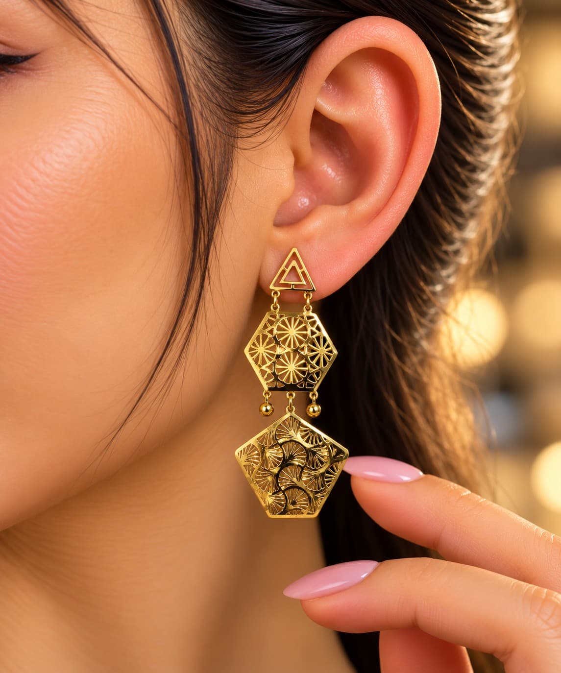 Emerald Gold Floral Abstract Latkan Earrings