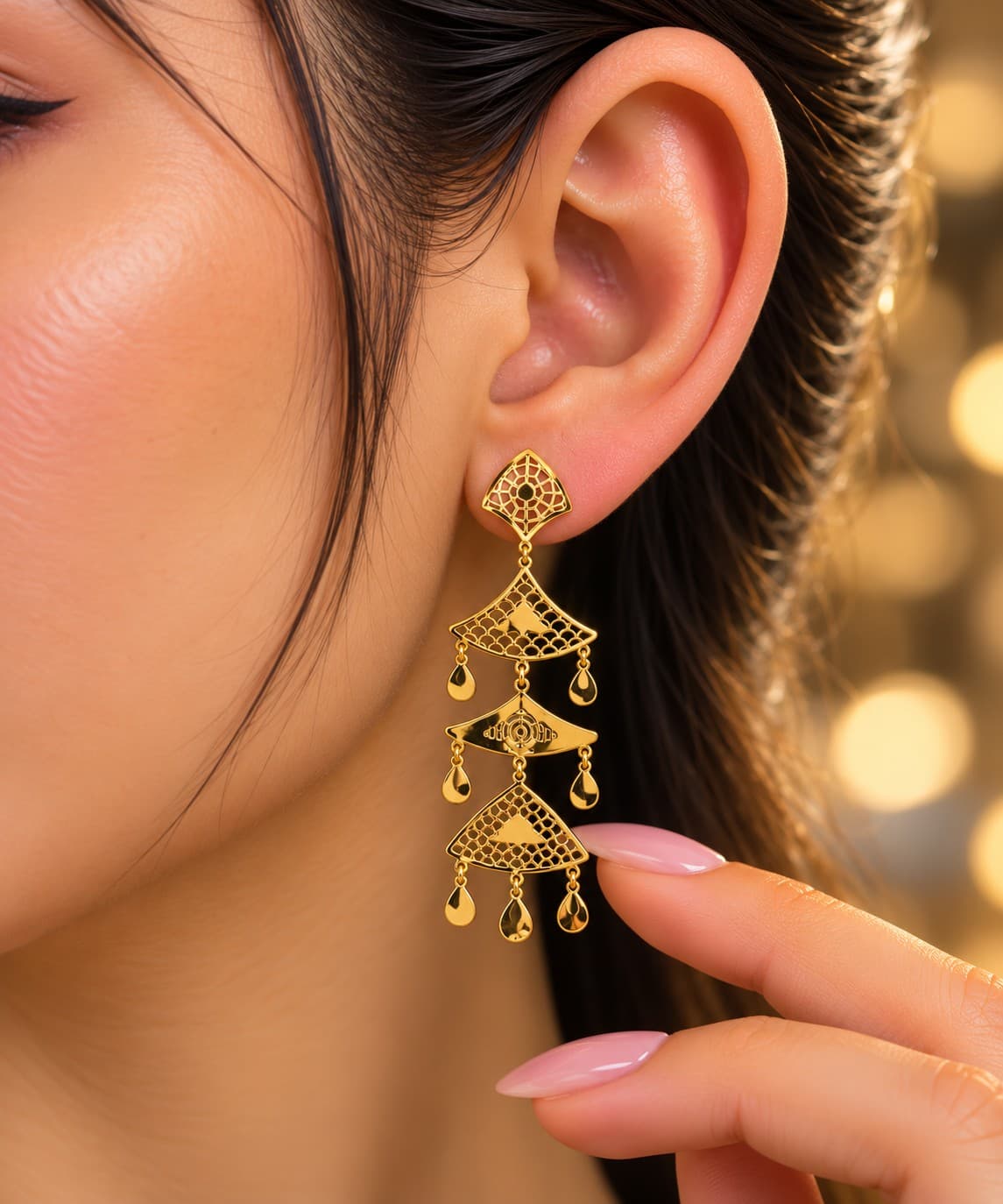 Emerald Gold Triangle Abstract Latkan Earrings