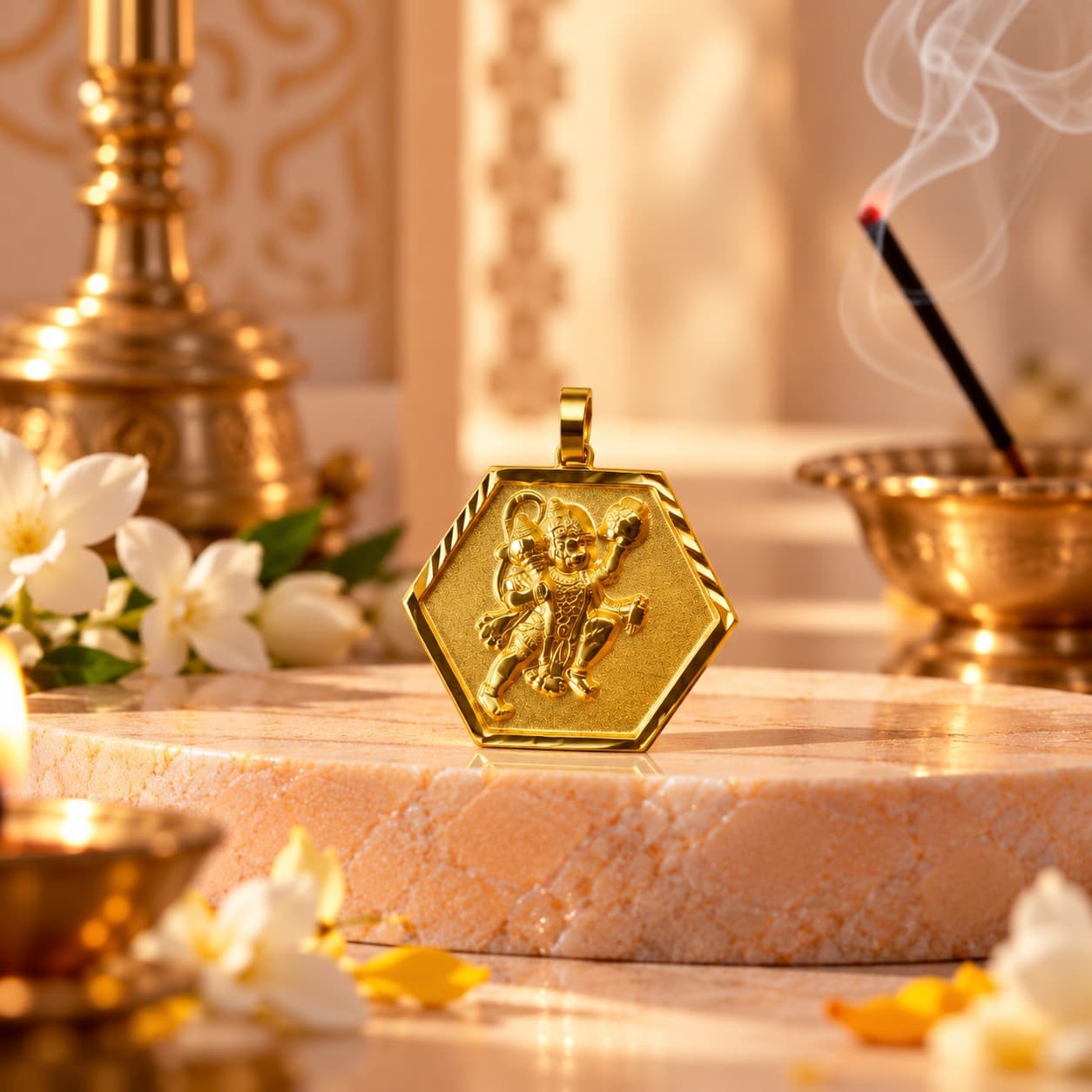 Traditional Gold Hanuman Ji Hexagonal Locket with Diamond-Cut Border
