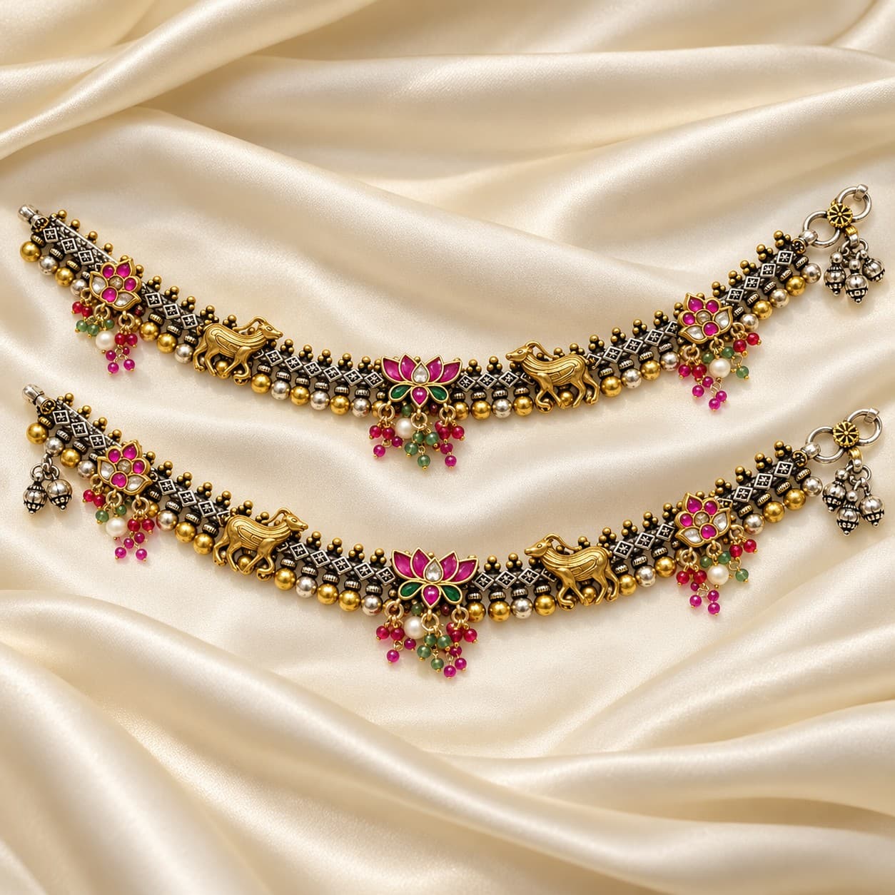 Traditional Lotus Motif Silver Pajeb Set