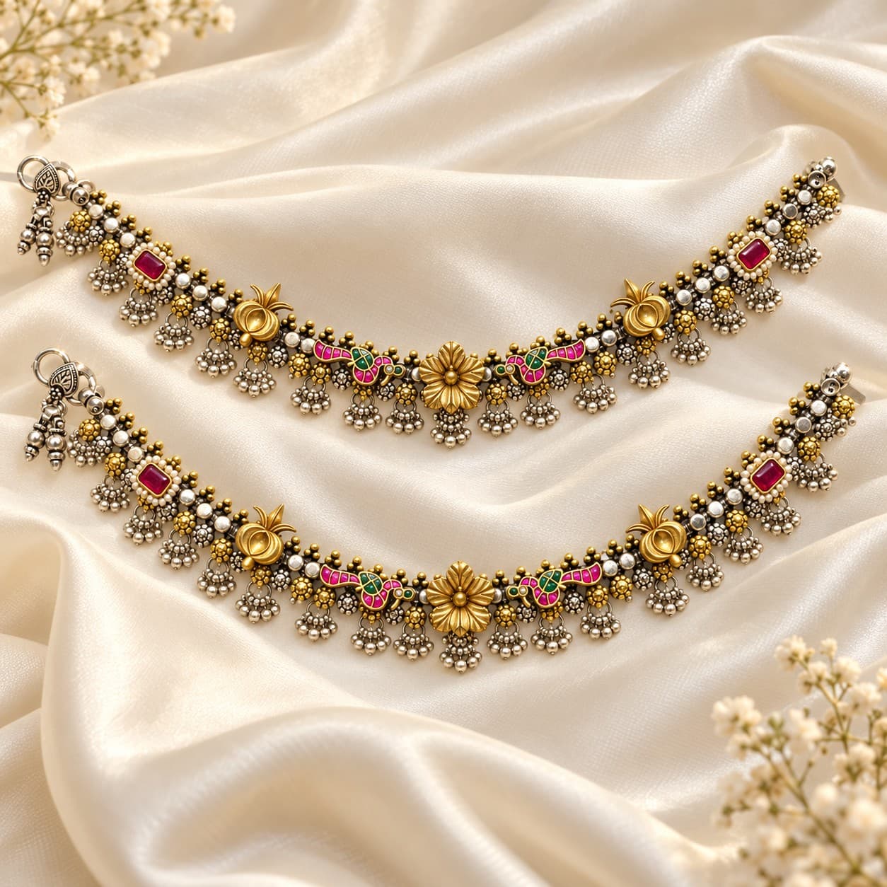Traditional Floral Motif Silver Pajeb Set