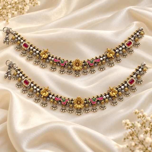 Traditional Floral Motif Silver Pajeb Set thumbnail 1